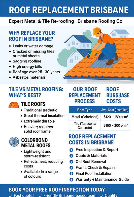 Infographic illustrating the roof replacement process in Brisbane – visual summary of key steps such as inspection, removal, installation, and final inspection.