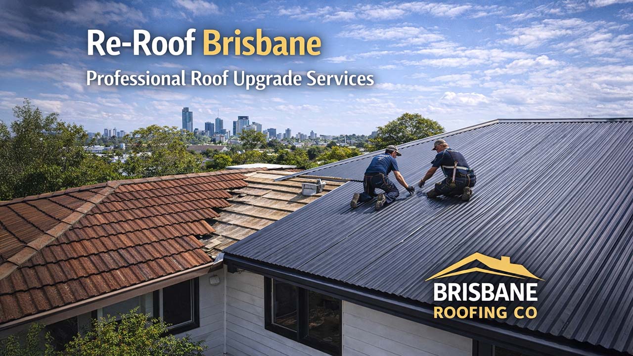 Re-roof Brisbane project showing installation of new metal roofing on residential home