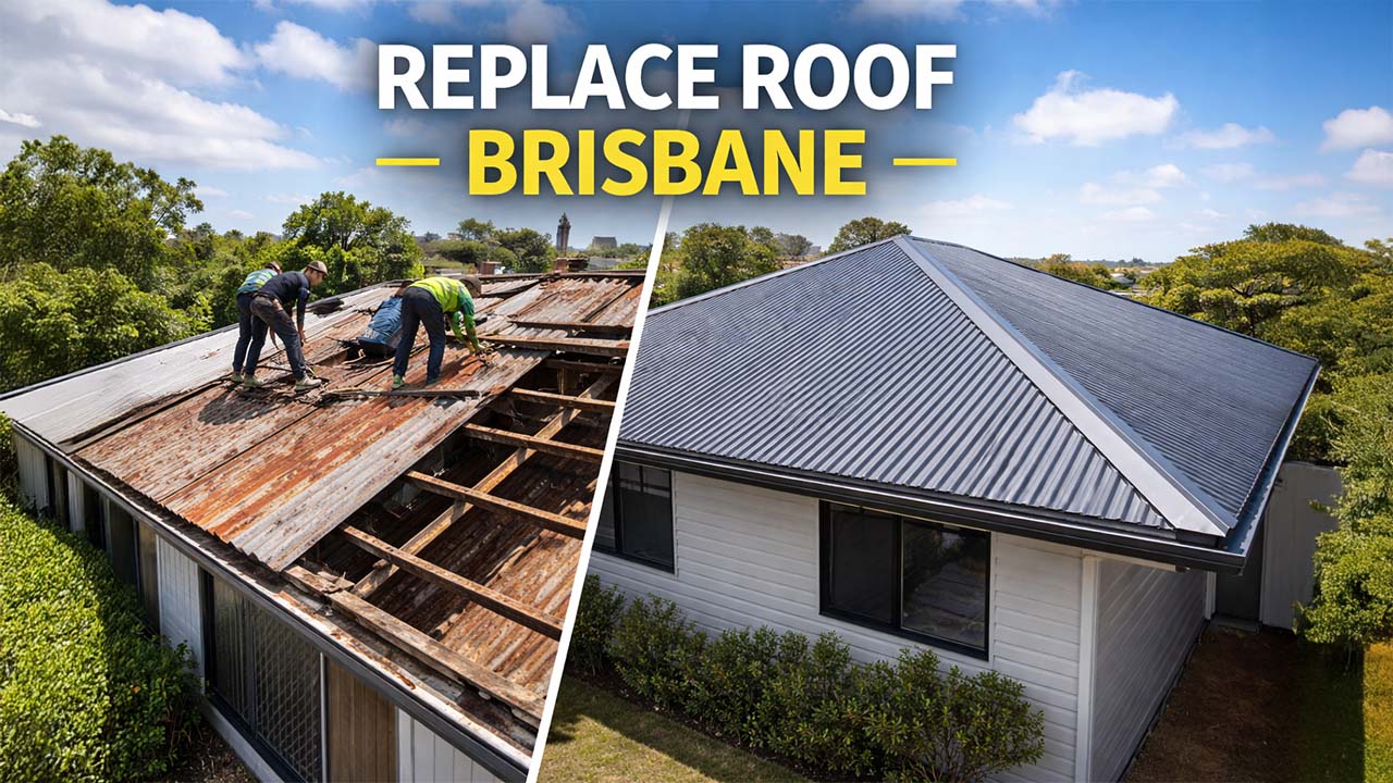 Roof replacement in Brisbane with new Colorbond metal roofing installed on residential home
