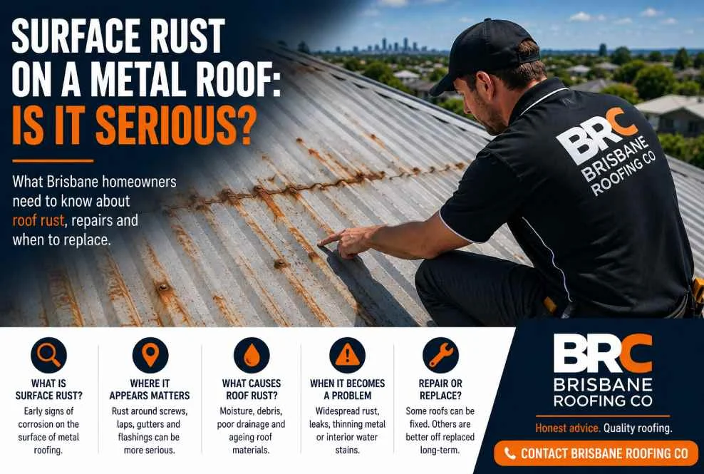 BRC roofer inspecting surface rust on a metal roof in Brisbane