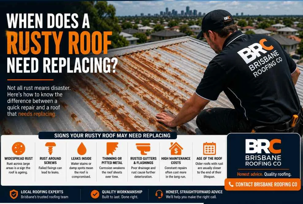 BRC roofer inspecting widespread rust on a metal roof to decide if it needs replacing