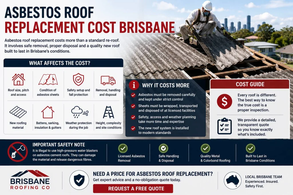 Infographic explaining asbestos roof replacement cost factors in Brisbane, including roof size, access, safe removal, disposal, new roofing materials and Brisbane Roofing Co quote advice.