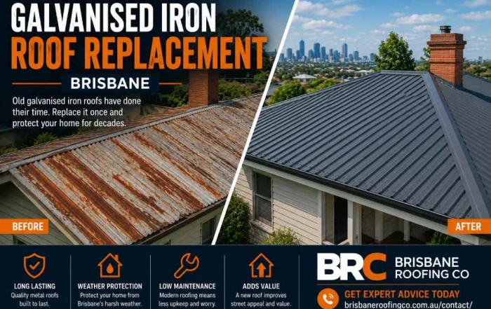 Before and after galvanised iron roof replacement on a Brisbane home by BRC