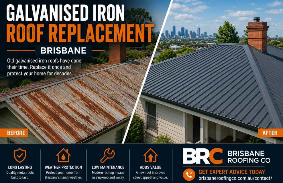 Before and after galvanised iron roof replacement on a Brisbane home by BRC