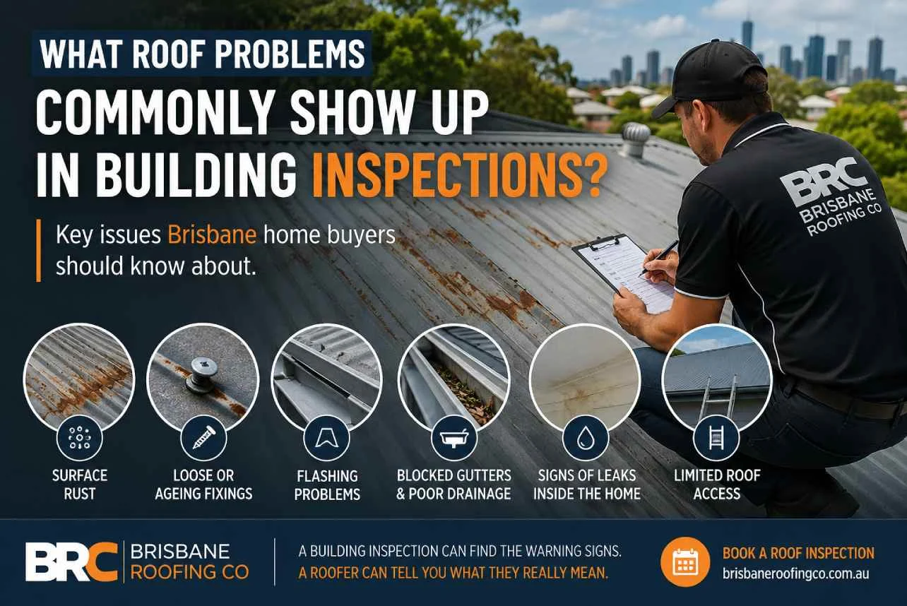 BRC roofer inspecting a metal roof with rust and common building inspection roof problems in Brisbane