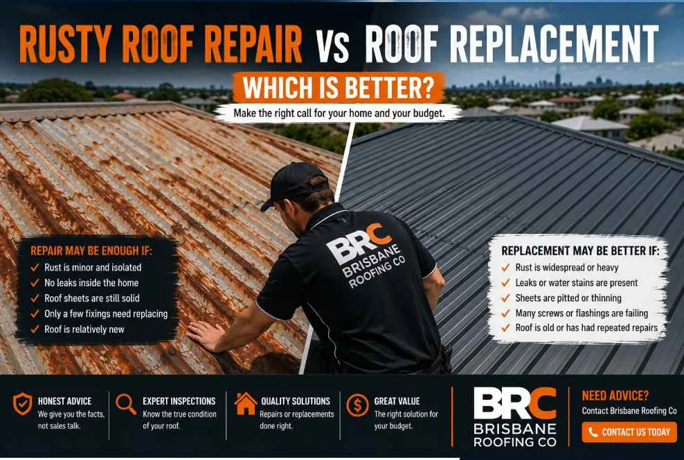 BRC roofer comparing a rusty metal roof with a new replacement roof in Brisbane