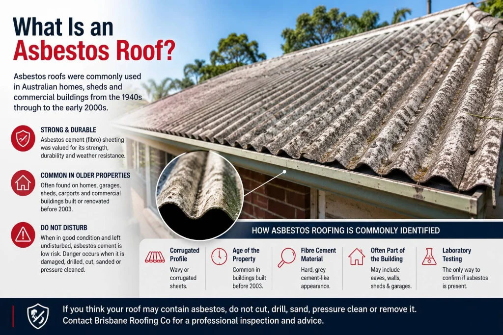 Infographic explaining what an asbestos roof is, showing old corrugated asbestos cement roofing and safety advice from Brisbane Roofing Co for asbestos roof replacement in Brisbane.