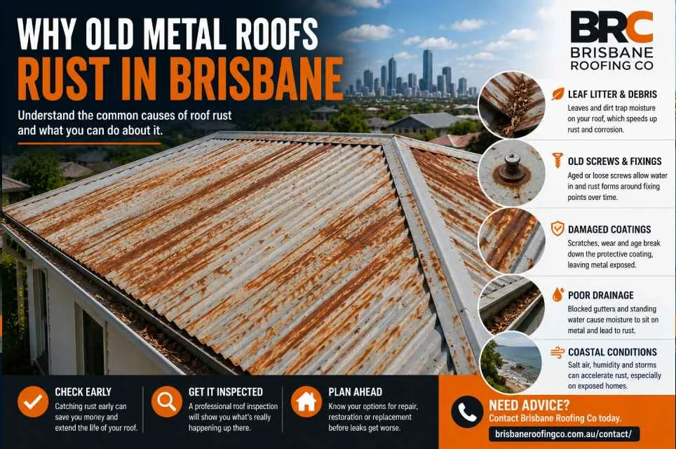 Old rusty metal roof in Brisbane showing corrosion, leaf litter, old fixings and drainage issues