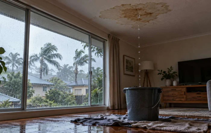 Water leaking through a damaged ceiling into a bucket during heavy rain in a Brisbane home, showing signs of a leaking roof and water damage.